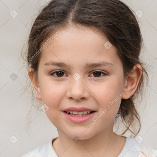 Joyful white child female with medium  brown hair and brown eyes