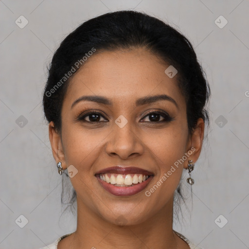 Joyful latino young-adult female with medium  brown hair and brown eyes