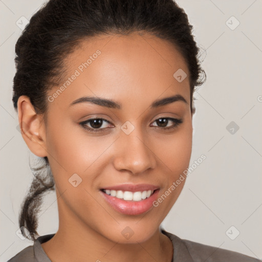 Joyful latino young-adult female with short  brown hair and brown eyes