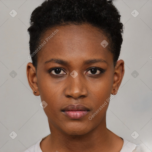 Neutral black young-adult female with short  black hair and brown eyes