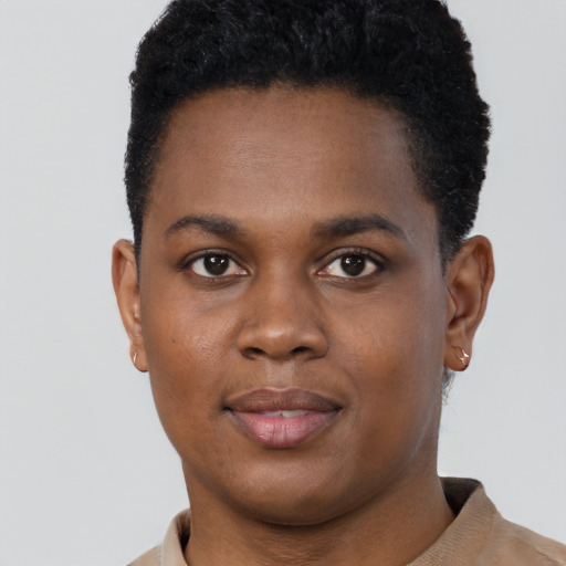 Joyful black young-adult male with short  brown hair and brown eyes