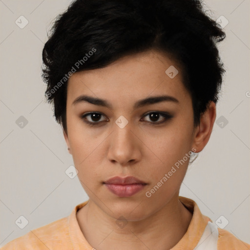 Neutral latino young-adult female with short  black hair and brown eyes