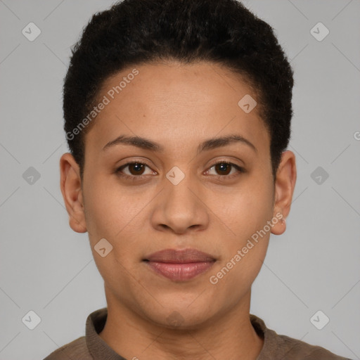 Joyful latino young-adult female with short  brown hair and brown eyes