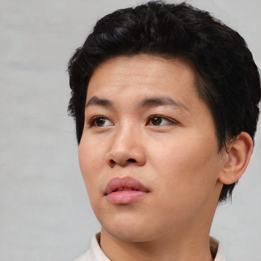Neutral asian young-adult male with short  black hair and brown eyes