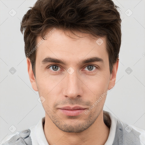 Neutral white young-adult male with short  brown hair and brown eyes