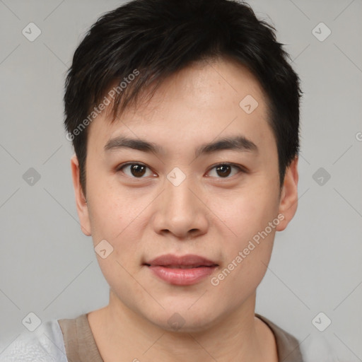 Joyful white young-adult male with short  black hair and brown eyes