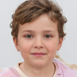 Joyful white child female with short  brown hair and grey eyes