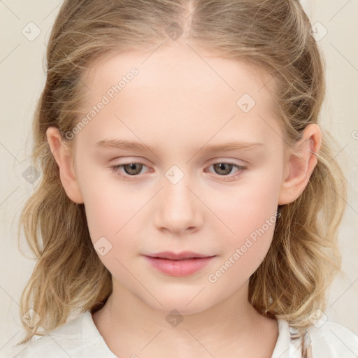 Neutral white child female with medium  brown hair and blue eyes