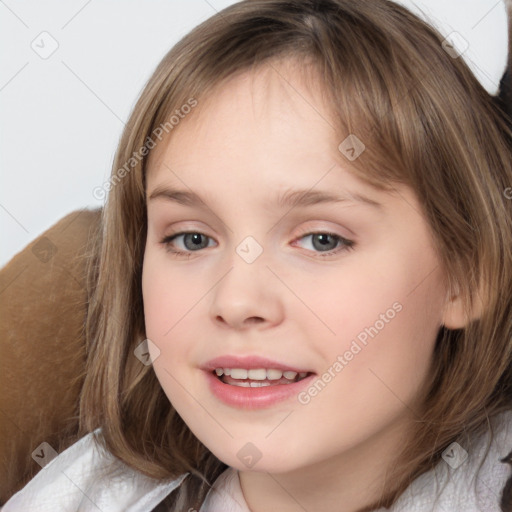 Joyful white child female with medium  brown hair and brown eyes