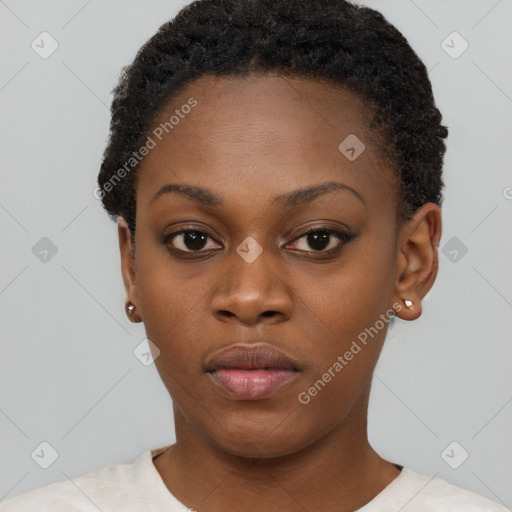 Neutral black young-adult female with short  black hair and brown eyes