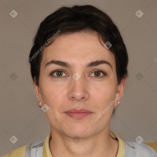 Neutral white young-adult female with short  brown hair and brown eyes