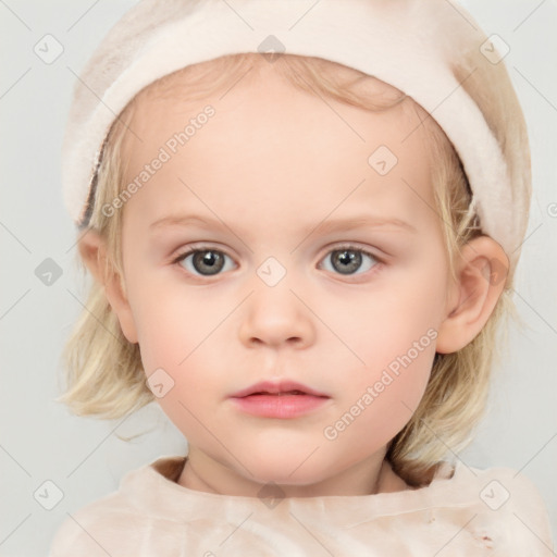 Neutral white child female with medium  brown hair and blue eyes