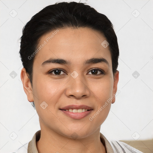 Joyful white young-adult female with short  brown hair and brown eyes