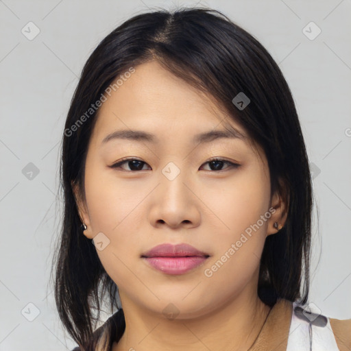 Neutral asian young-adult female with medium  black hair and brown eyes