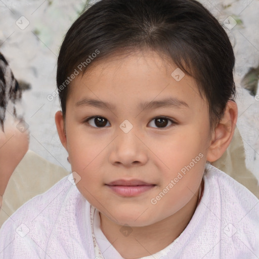 Joyful white child female with short  brown hair and brown eyes