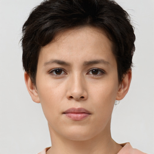Neutral white young-adult female with short  brown hair and brown eyes