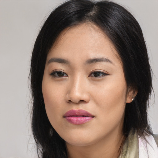 Joyful asian young-adult female with long  black hair and brown eyes