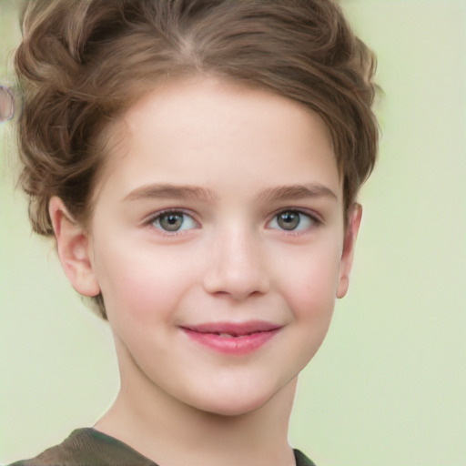 Joyful white child female with short  brown hair and brown eyes