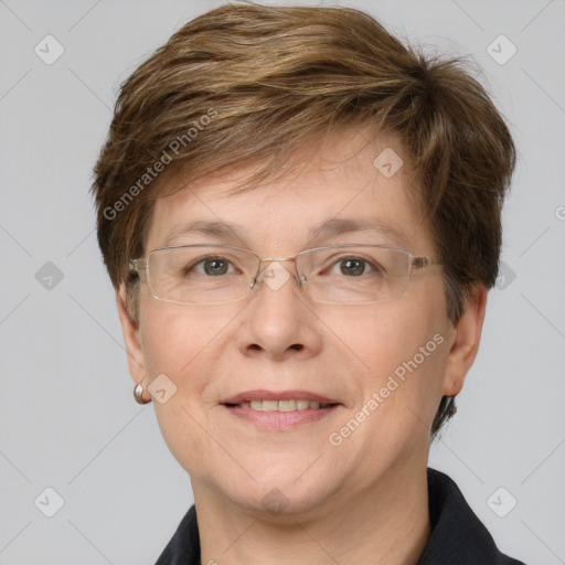 Joyful white adult female with short  brown hair and brown eyes