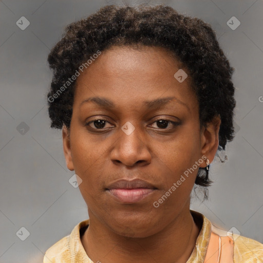 Neutral black young-adult female with short  brown hair and brown eyes