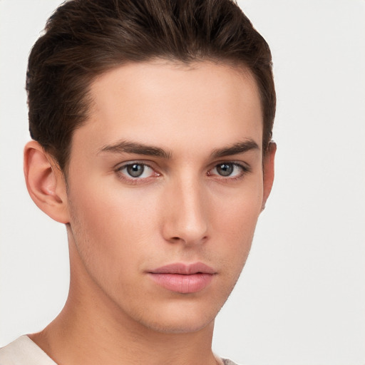 Neutral white young-adult male with short  brown hair and brown eyes