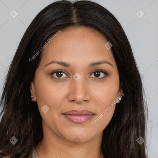 Joyful latino young-adult female with long  brown hair and brown eyes