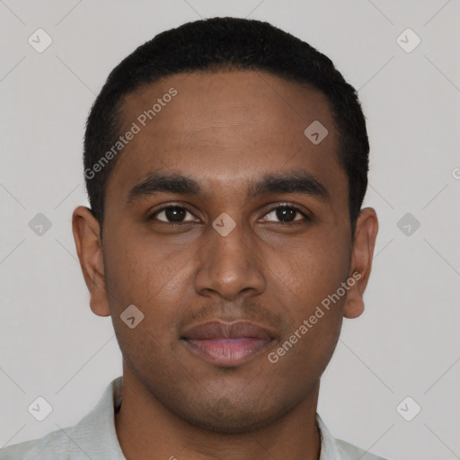 Neutral black young-adult male with short  black hair and brown eyes
