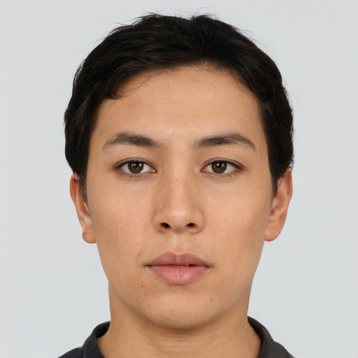 Neutral asian young-adult male with short  black hair and brown eyes