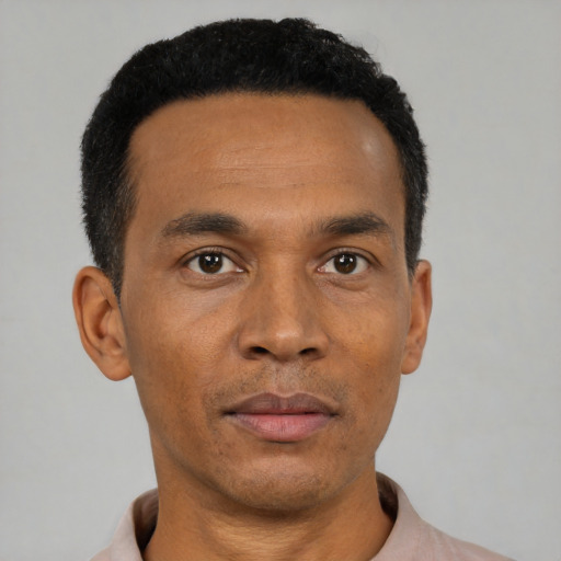 Neutral black young-adult male with short  black hair and brown eyes