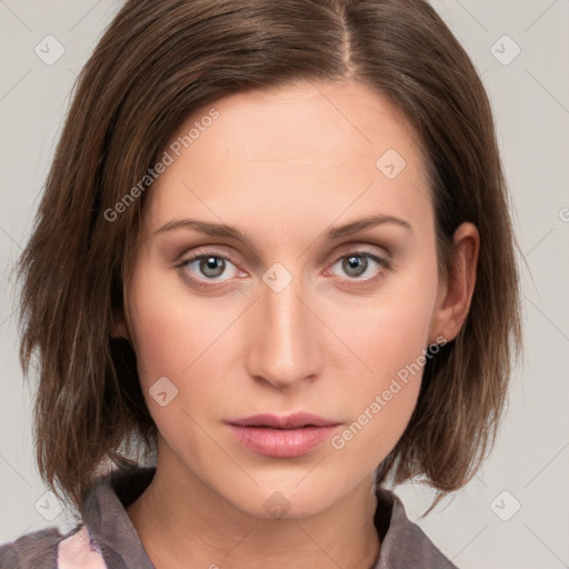 Neutral white young-adult female with medium  brown hair and grey eyes