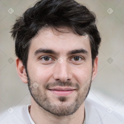 Joyful white young-adult male with short  black hair and brown eyes