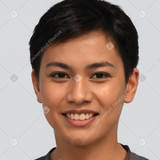 Joyful latino young-adult female with short  brown hair and brown eyes