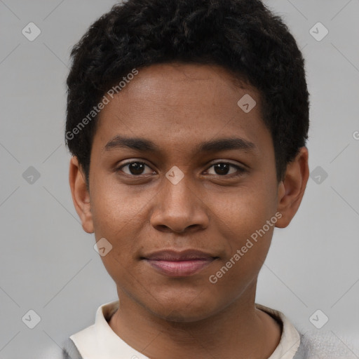 Joyful black young-adult male with short  brown hair and brown eyes