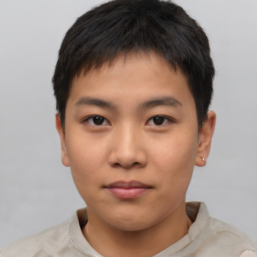 Neutral asian young-adult male with short  brown hair and brown eyes