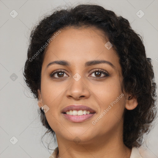 Joyful latino young-adult female with long  brown hair and brown eyes