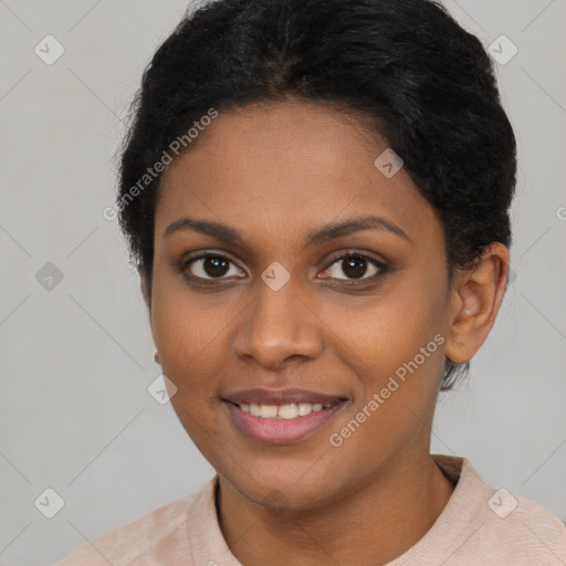 Joyful latino young-adult female with short  brown hair and brown eyes