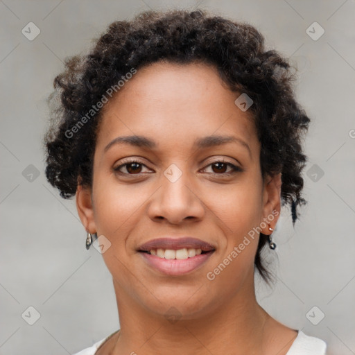 Joyful latino young-adult female with short  brown hair and brown eyes