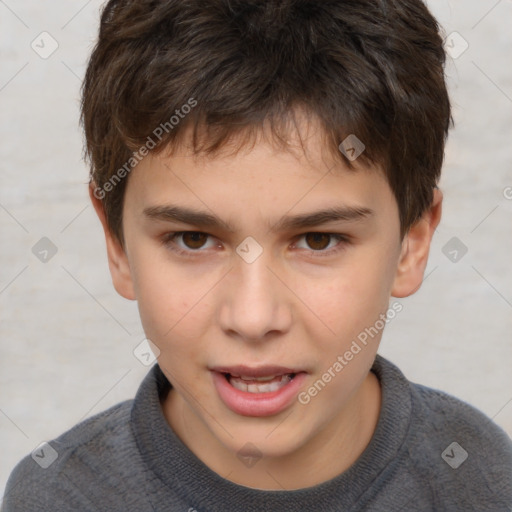 Joyful white child male with short  brown hair and brown eyes