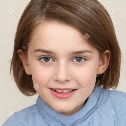 Joyful white child female with medium  brown hair and brown eyes