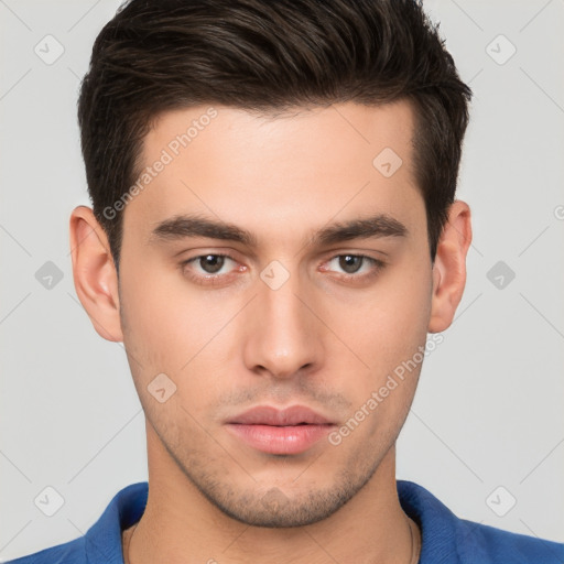 Neutral white young-adult male with short  brown hair and brown eyes