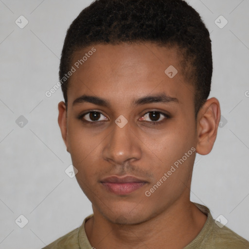 Neutral latino young-adult male with short  brown hair and brown eyes