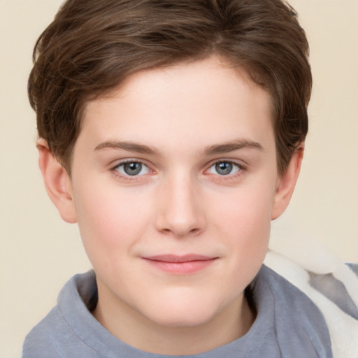 Joyful white child female with short  brown hair and grey eyes