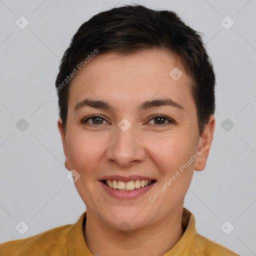 Joyful white young-adult female with short  brown hair and brown eyes