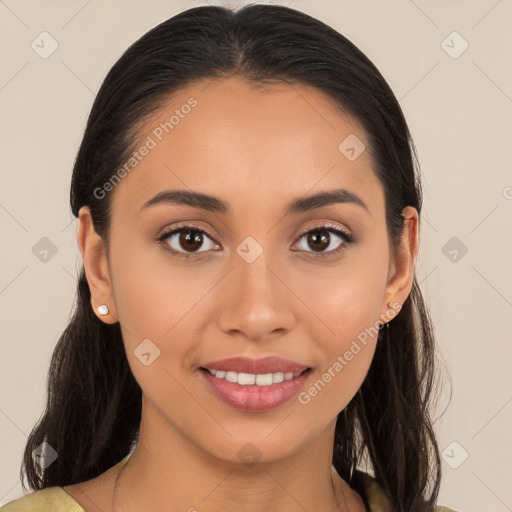 Joyful white young-adult female with long  brown hair and brown eyes