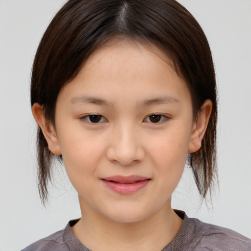 Joyful white child female with medium  brown hair and brown eyes