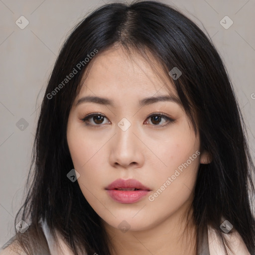 Neutral asian young-adult female with medium  brown hair and brown eyes