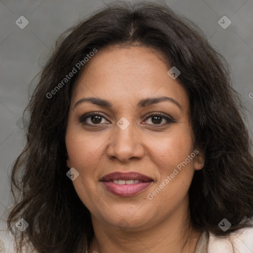 Joyful white adult female with long  brown hair and brown eyes