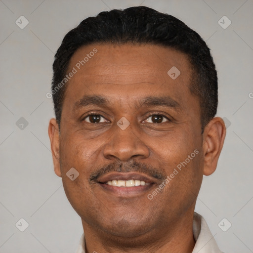 Joyful black adult male with short  black hair and brown eyes