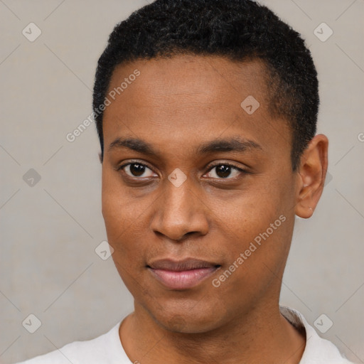 Joyful black young-adult male with short  black hair and brown eyes