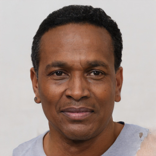 Neutral black adult male with short  black hair and brown eyes